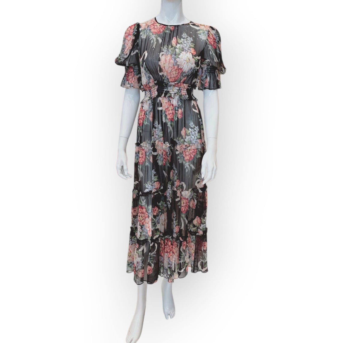 FLORAL PRINT FABRIC SKIRT BLACK ORANGE US4