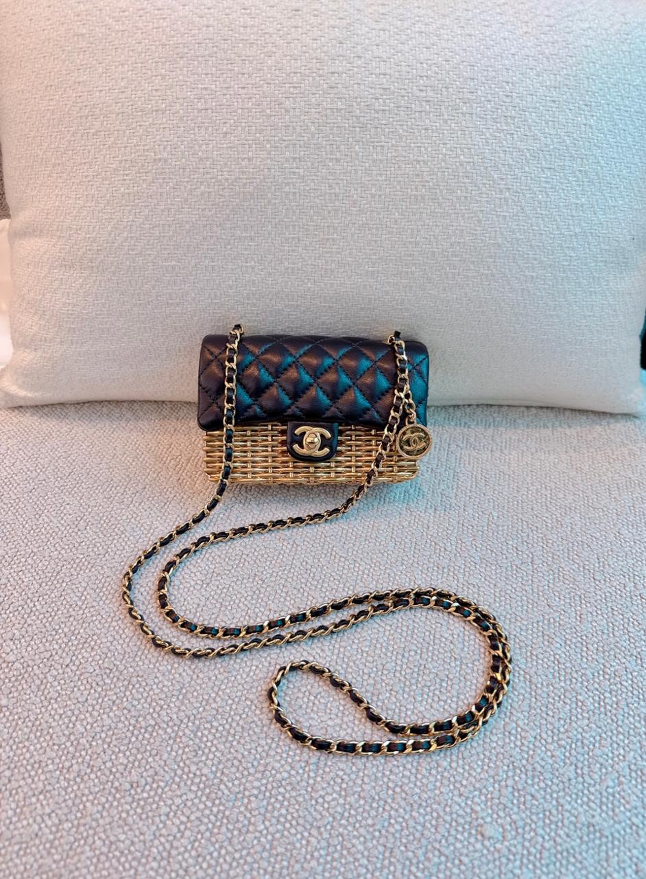 23C BLACK/GOLD WOVEN METAL LAMBSKIN SMALL FLAP EVENING BAG