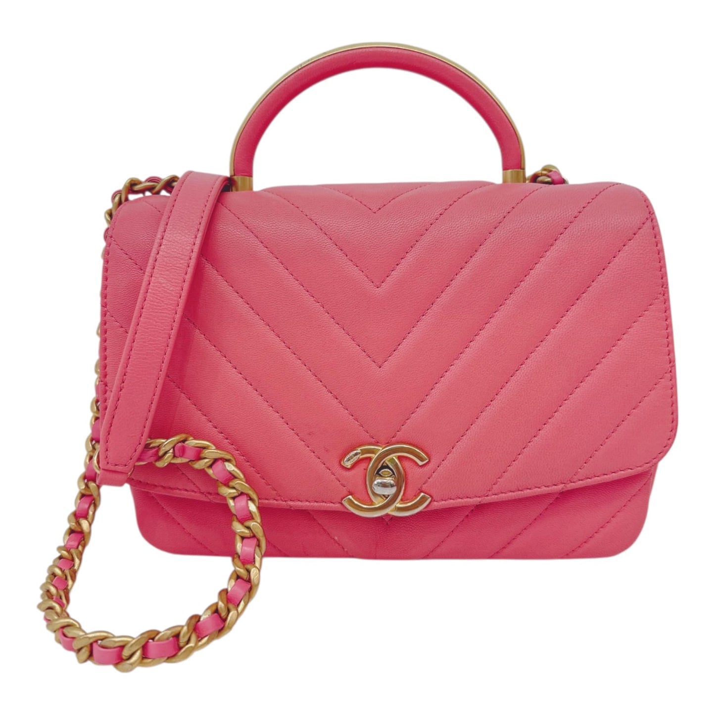 PINK CHEVRON SMALL CC FLAP BAG WITH TOP HANDLE