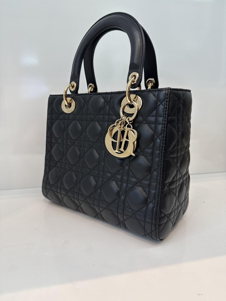 BLACK LAMBSKIN CANNAGE LEATHER MEDIUM LADY DIOR HANDBAG