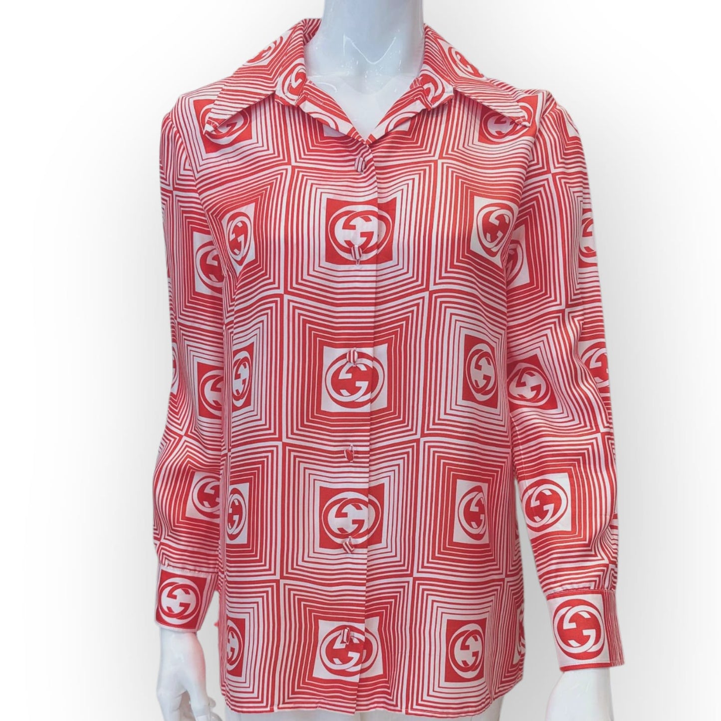GUCCI ORANGE GG CHECKERBOARD PRINT SILK SHIRT 46