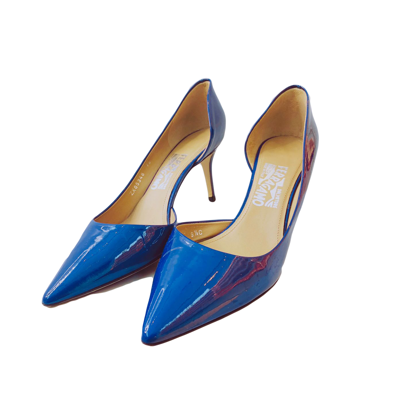 BLUE PATENT LEATHER D'ORSAY PUMPS