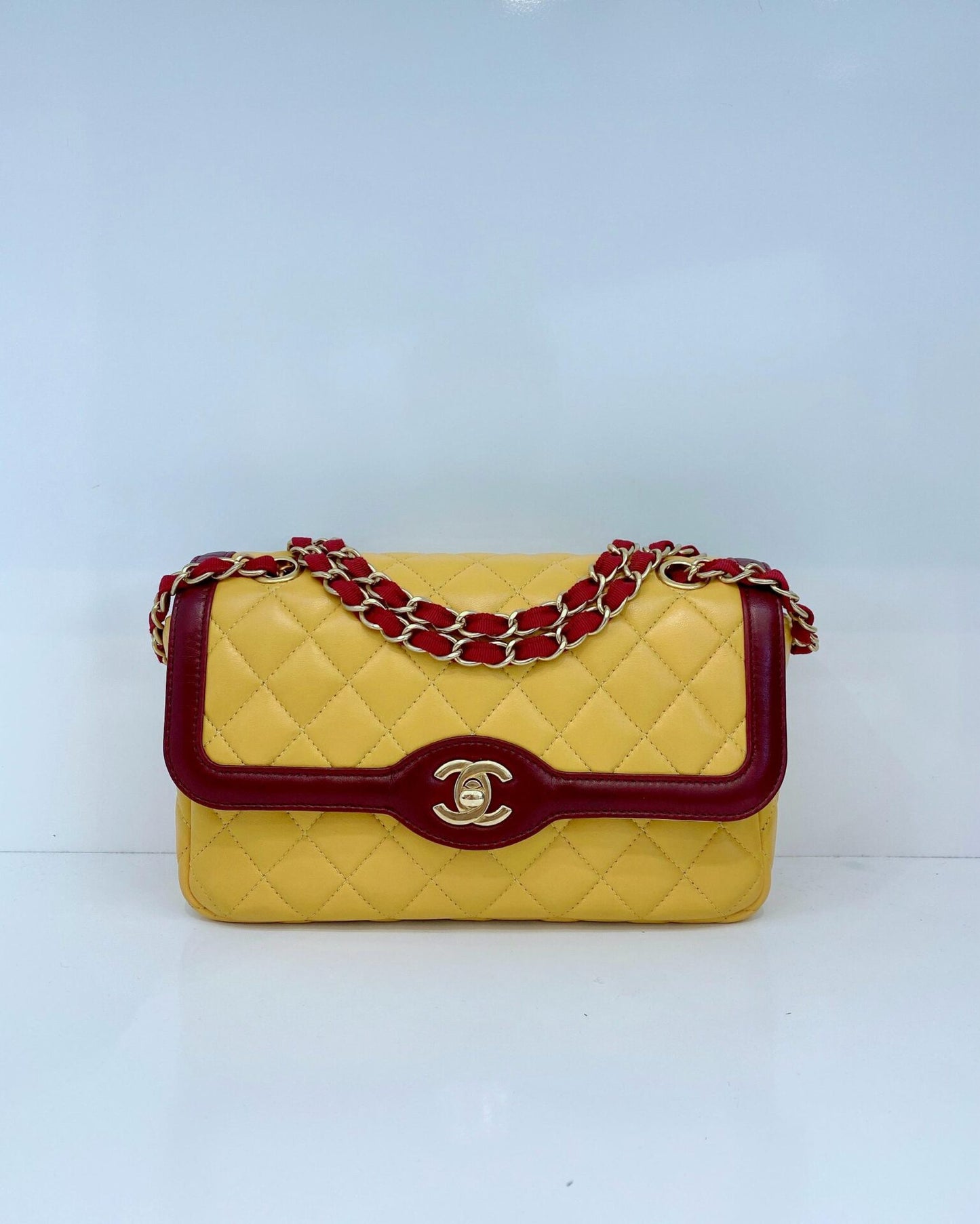 YELLOW AND BURGUNDY TWO TONE QUILTED LAMBSKIN DAY FLAP SHOULDER BAG