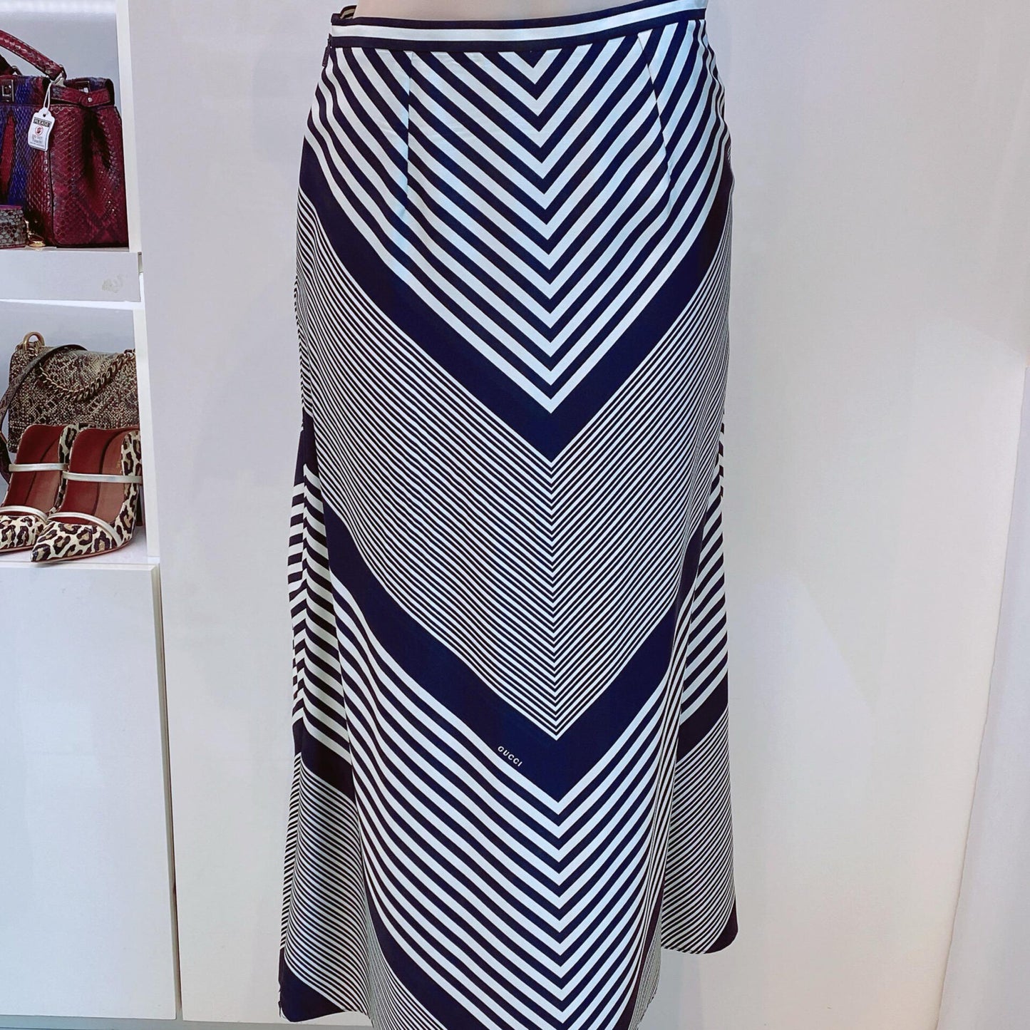 BLACK AND IVORY STRIPED SILK BLOUSE AND SKIRT SET