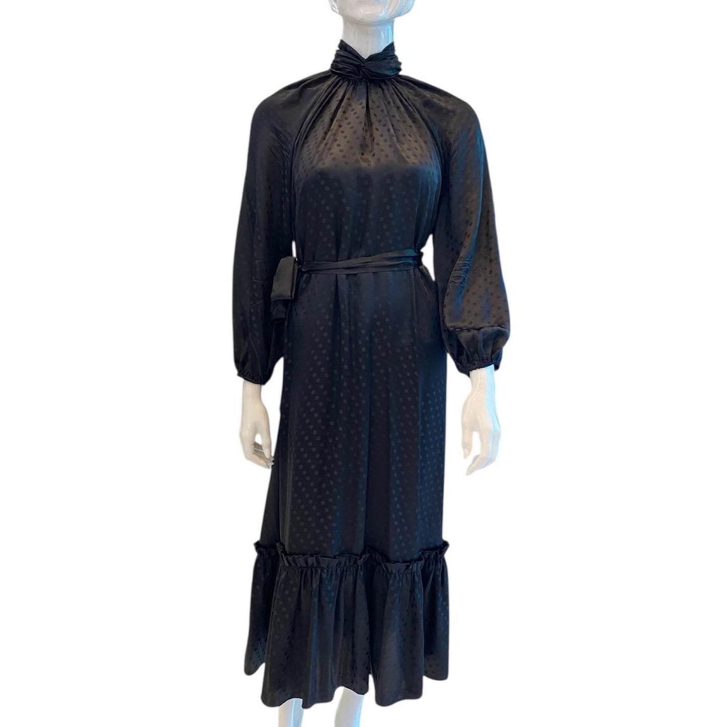 BLACK POLKA DOT LONG SLEEVES MAXI DRESS S