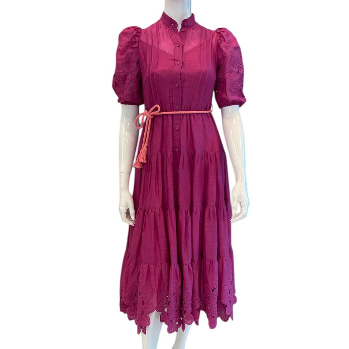 PINK BRODERIE ANGLAISE RAMIE TIERED SCALLOP MIDI DRESS S
