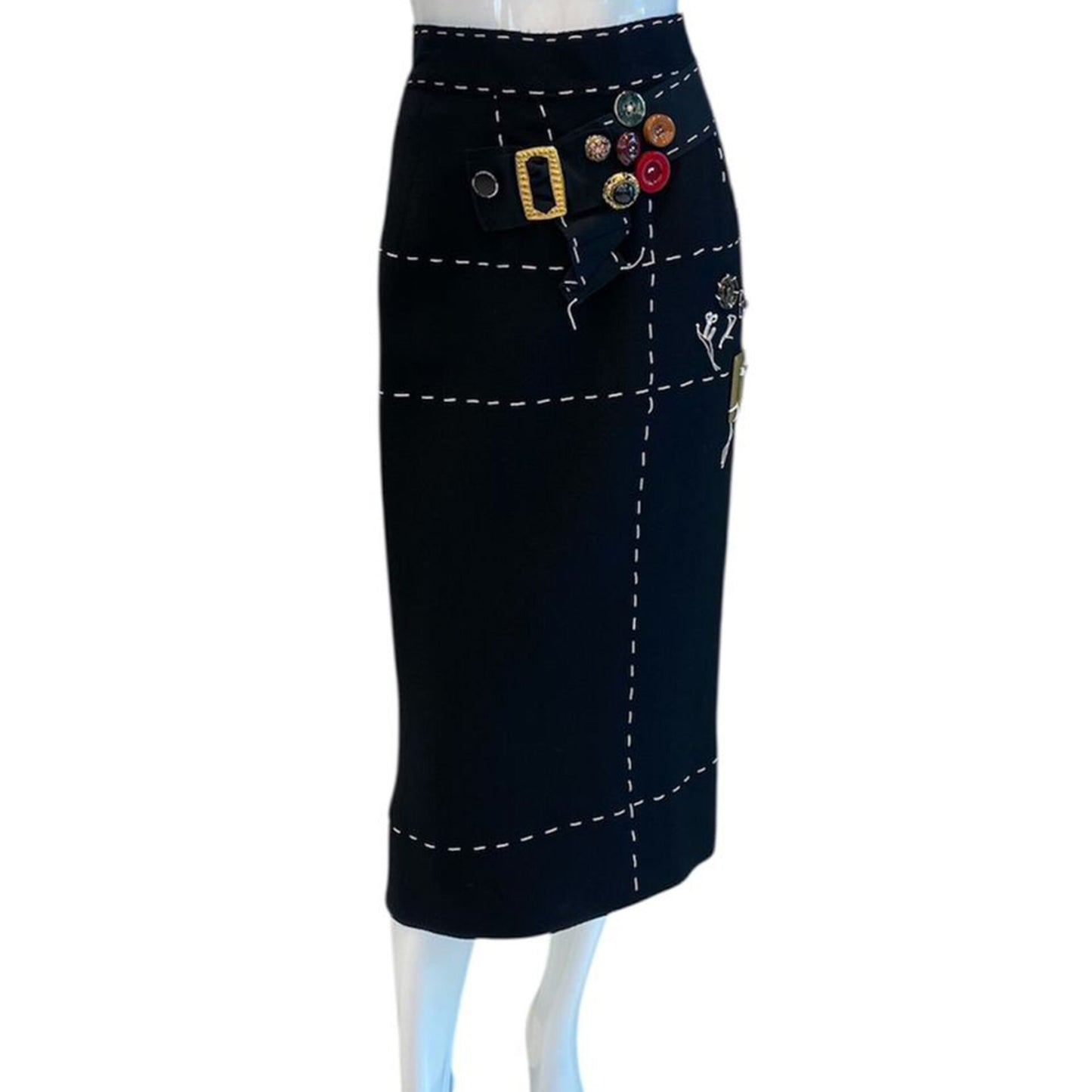 BLACK EMBELLISHED TOPSTITCHED COTTON MIDI PENCIL SKIRT 40