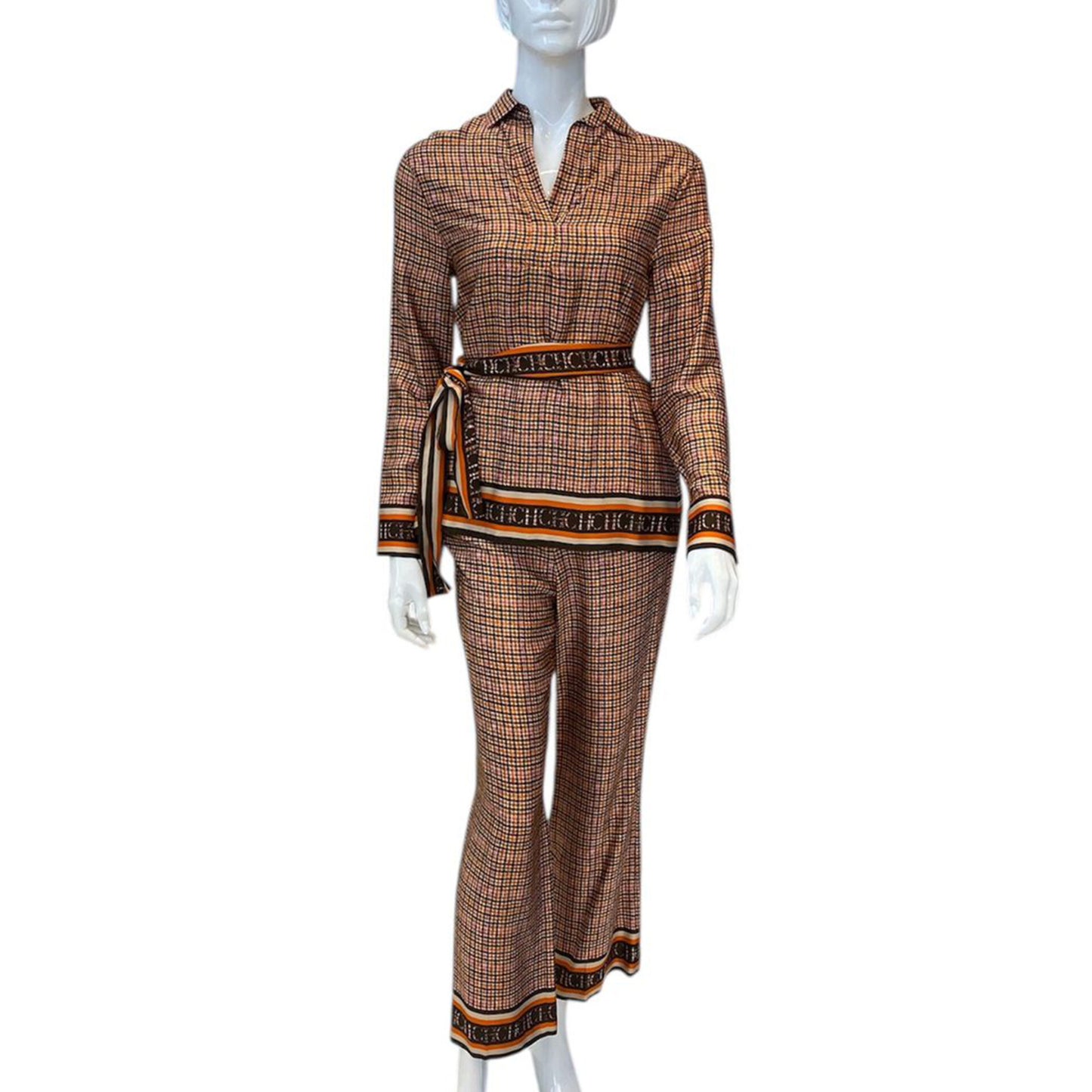 BROWN ORANGE CHECK SILK BLOUSE AND TROUSER SET XS/2