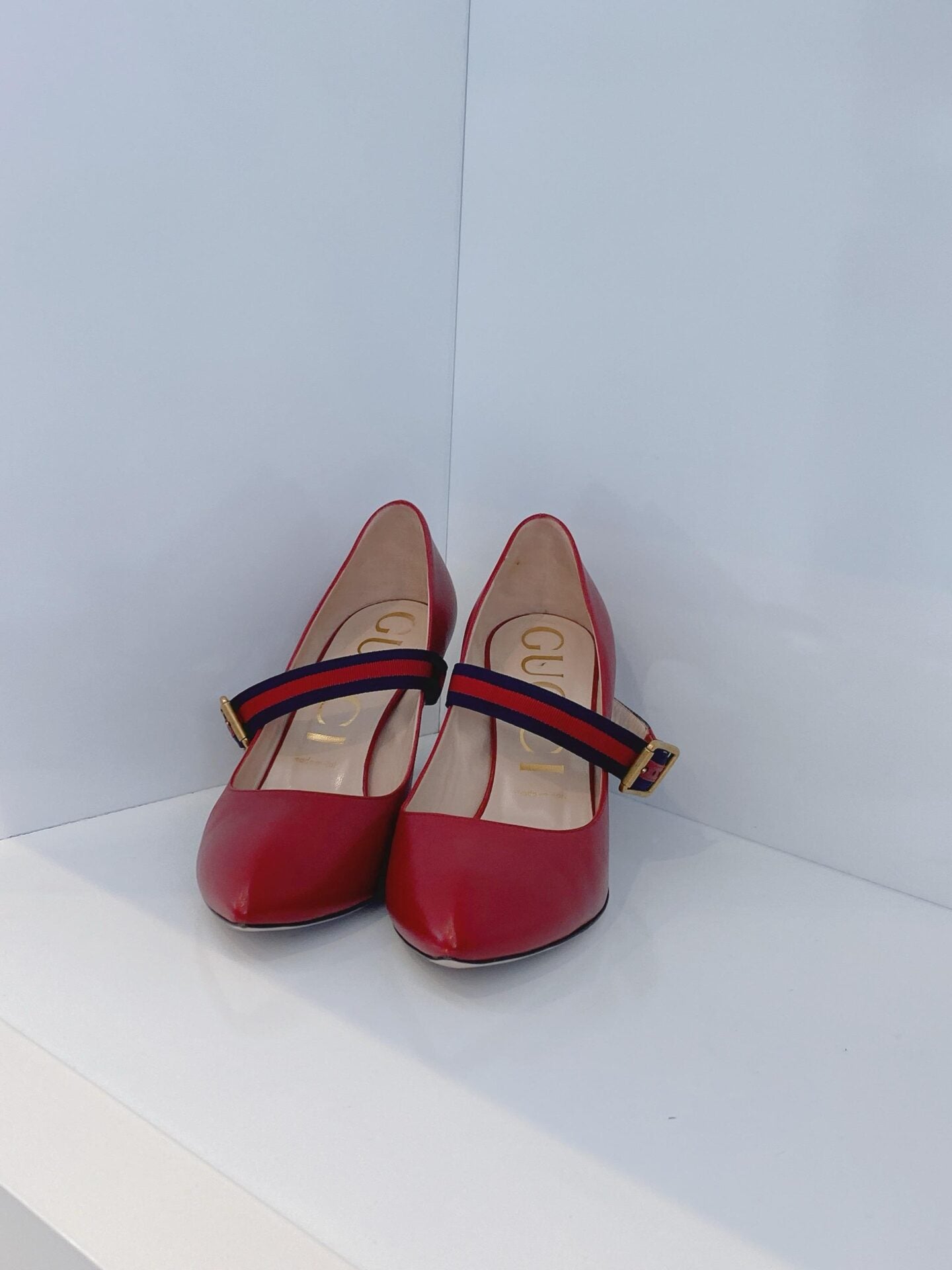 RED LEATHER SYLVIE VINTAGE WEB STRAP PUMPS 39.5