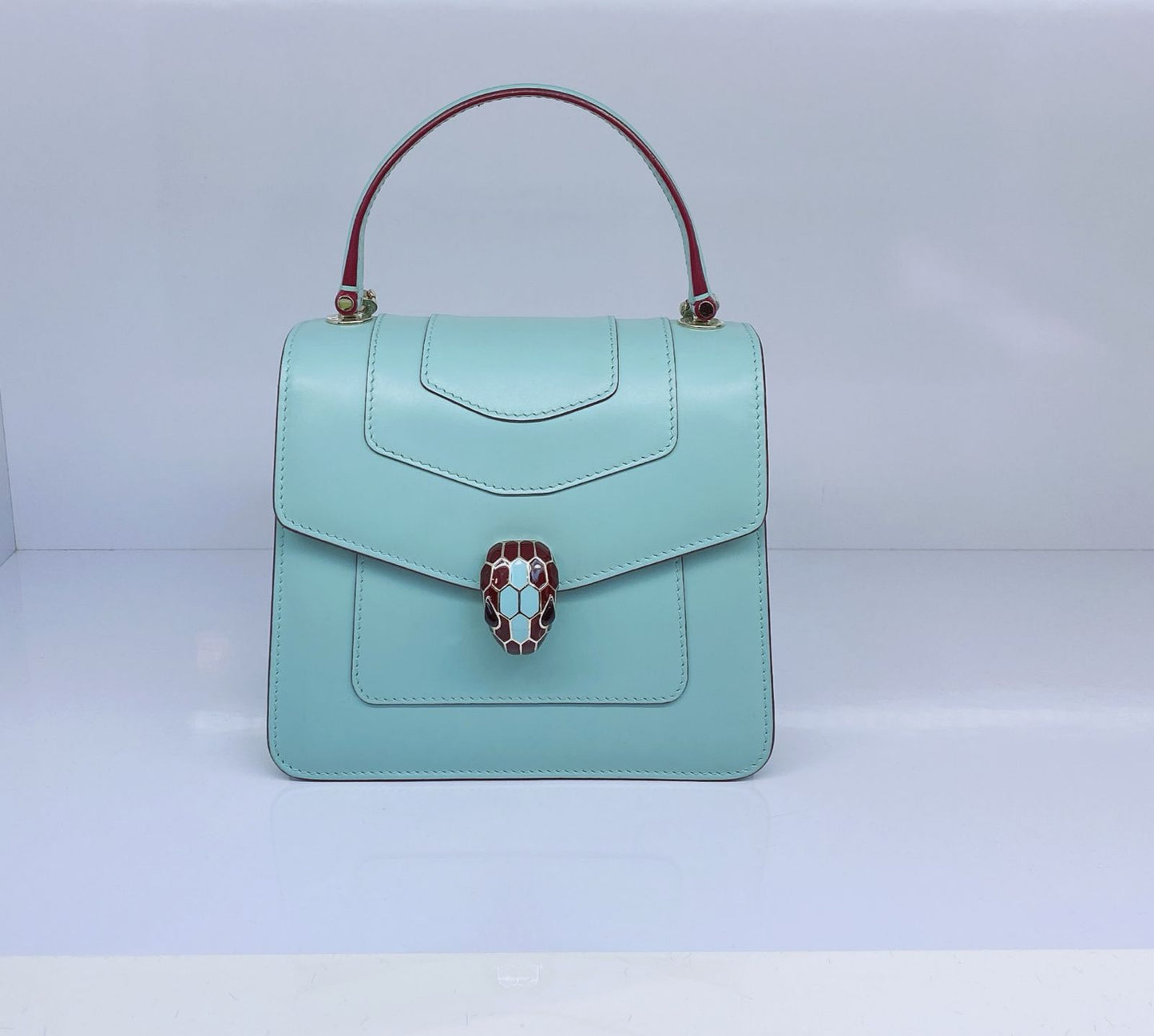 AQUAMARINE CALFSKIN LEATHER MINI SERPENTI FOREVER TOP HANDLE BAG