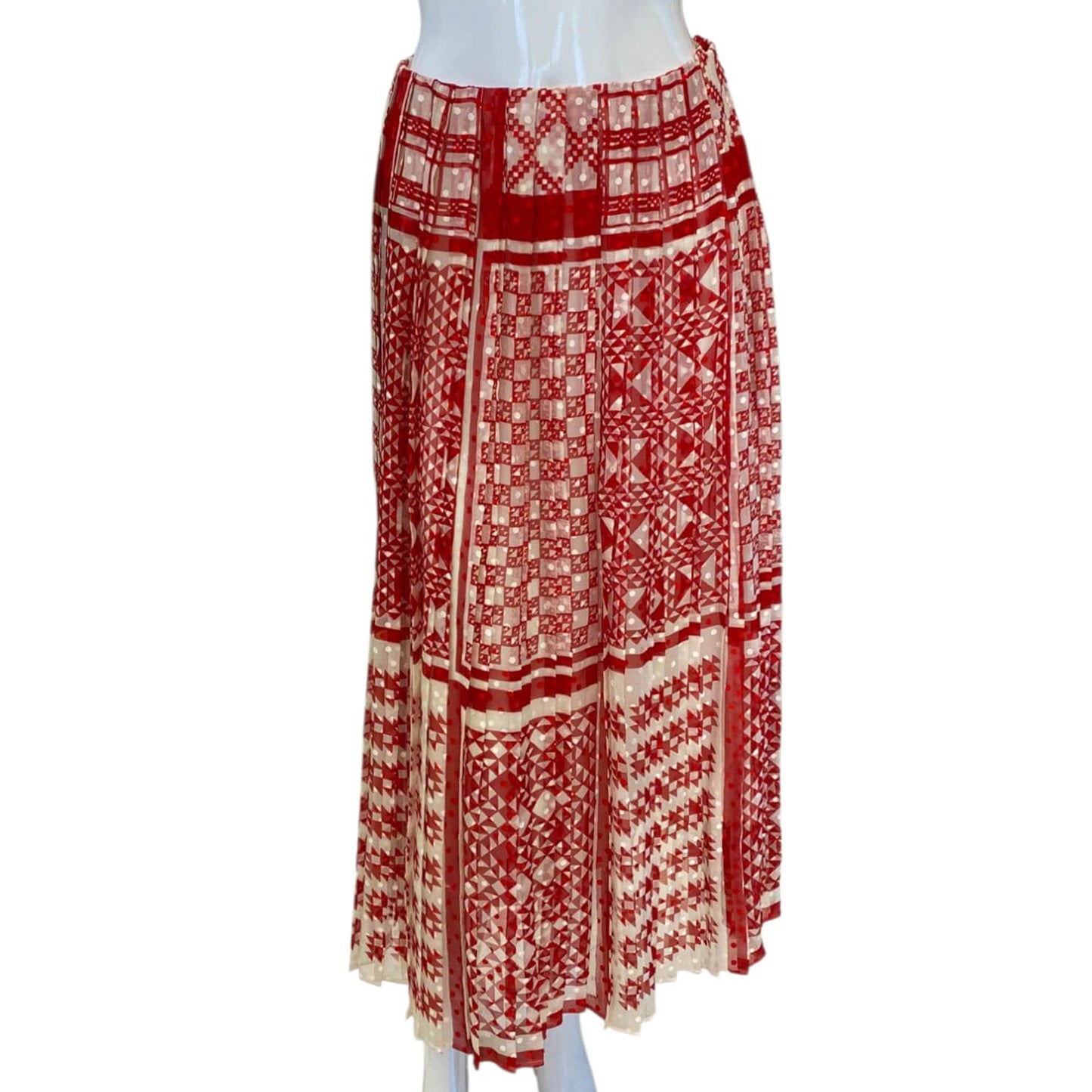 WHITE RED FOULARD PRINT PLUMETIS CHIFFON MAXI SKIRT 40