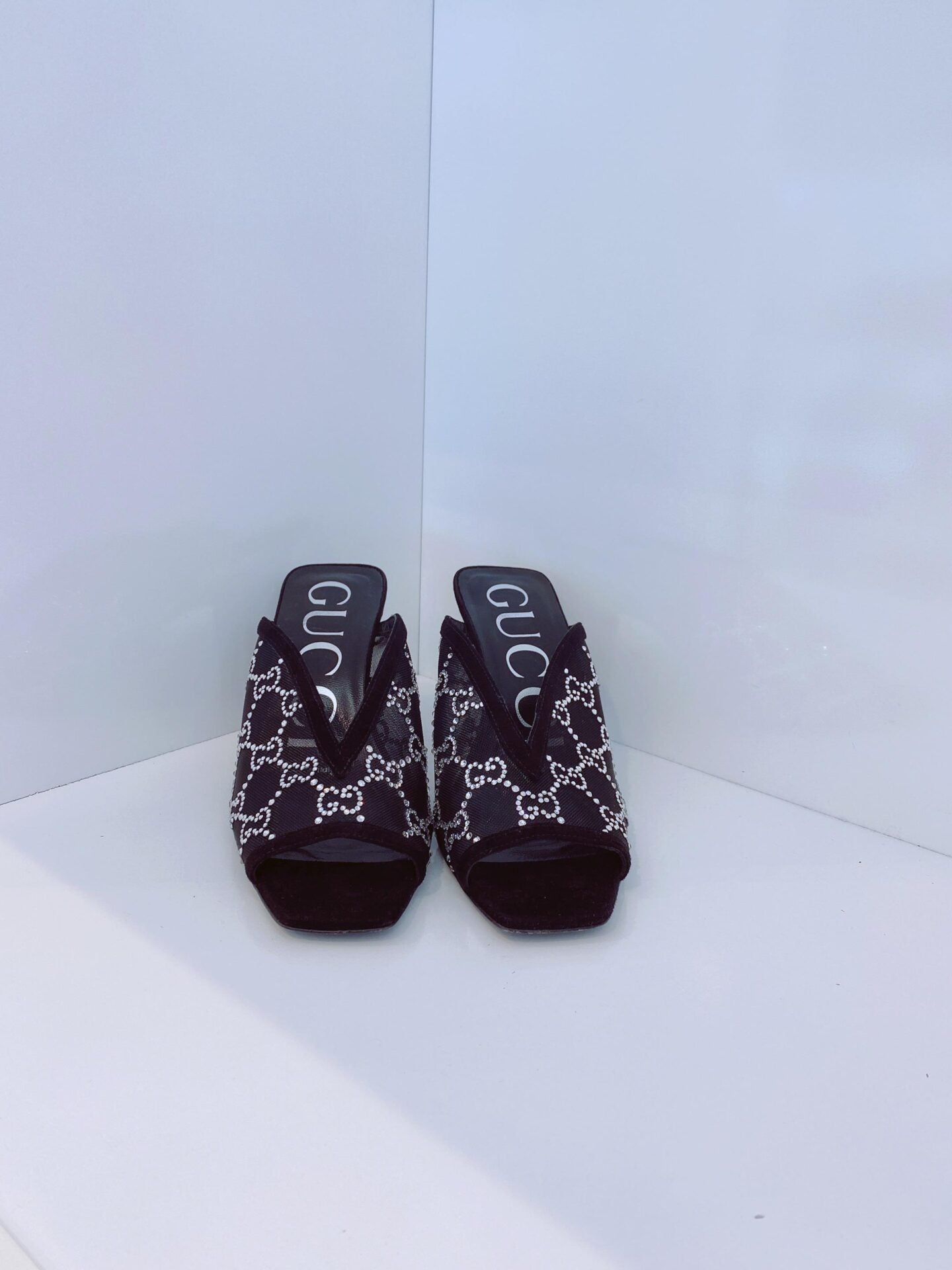 BLACK GG CRYSTAL EMBELLISHED MESH MULES 35.5