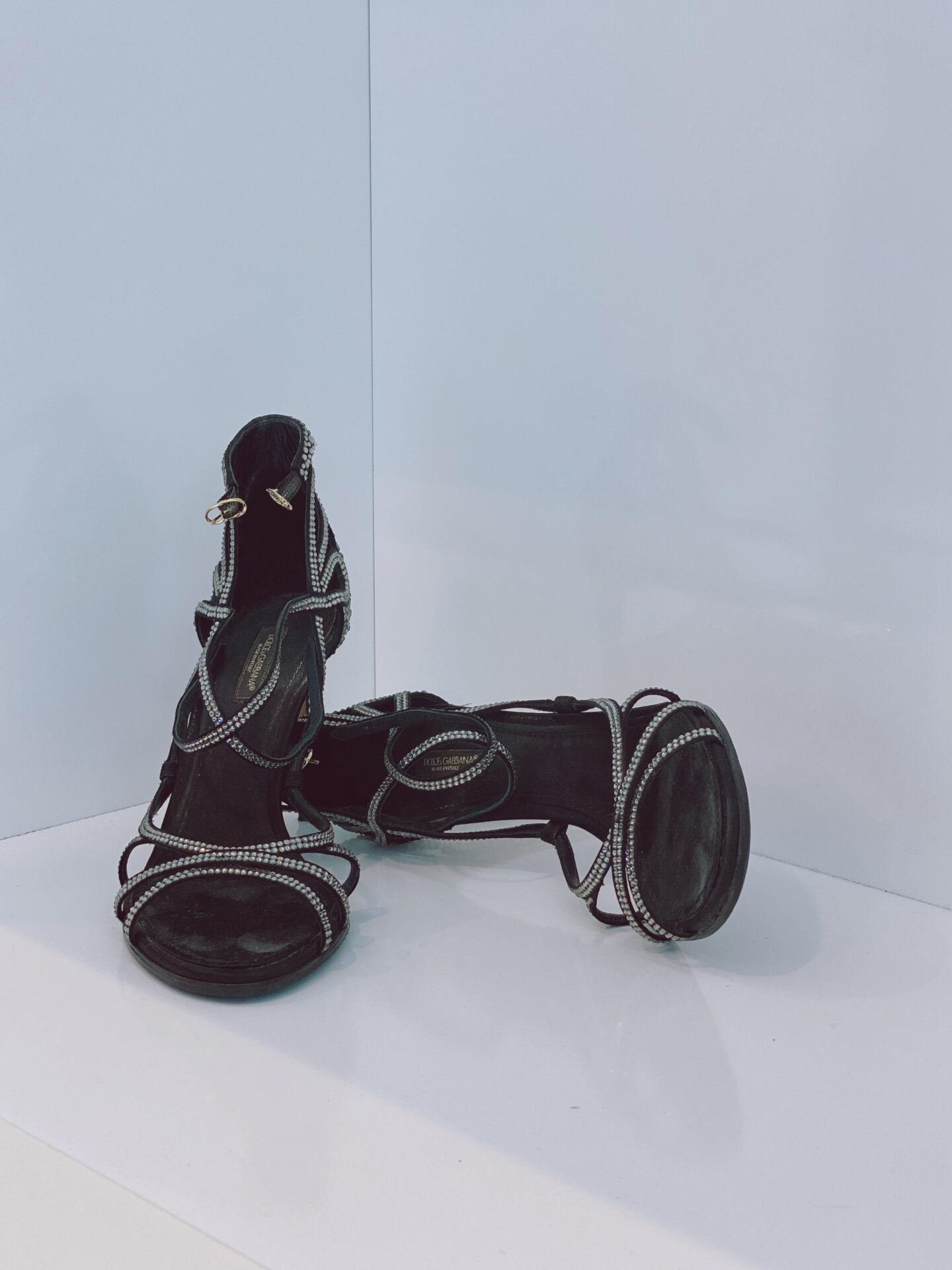 BLACK RHINESTONE EMBELLISHED SANDALS 38.5