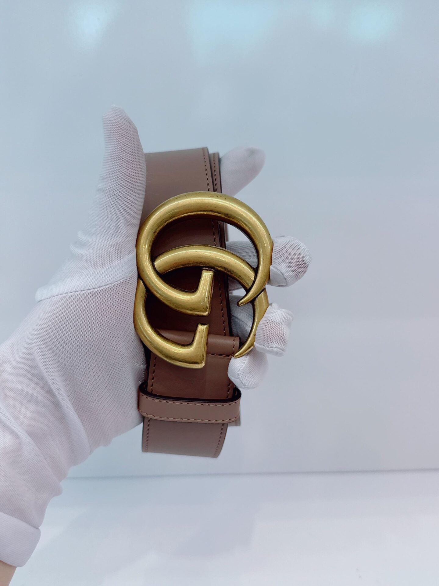 GRAY LEATHER GG MARMONT BUCKLE BELT 95CM