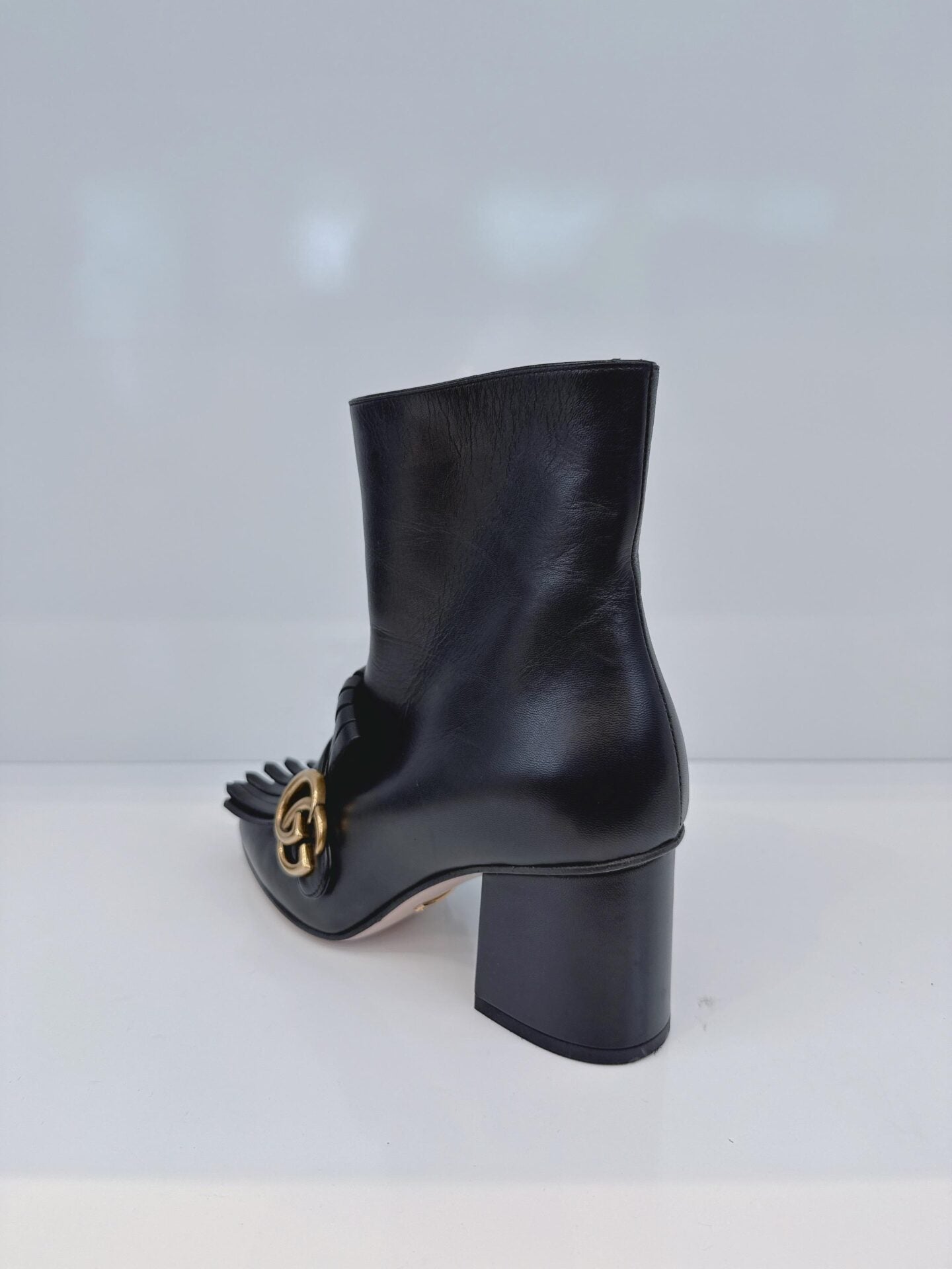BLACK LEATHER GG MARMONT FRINGE BLOCK HEEL ANKLE LENGTH BOOTS 36
