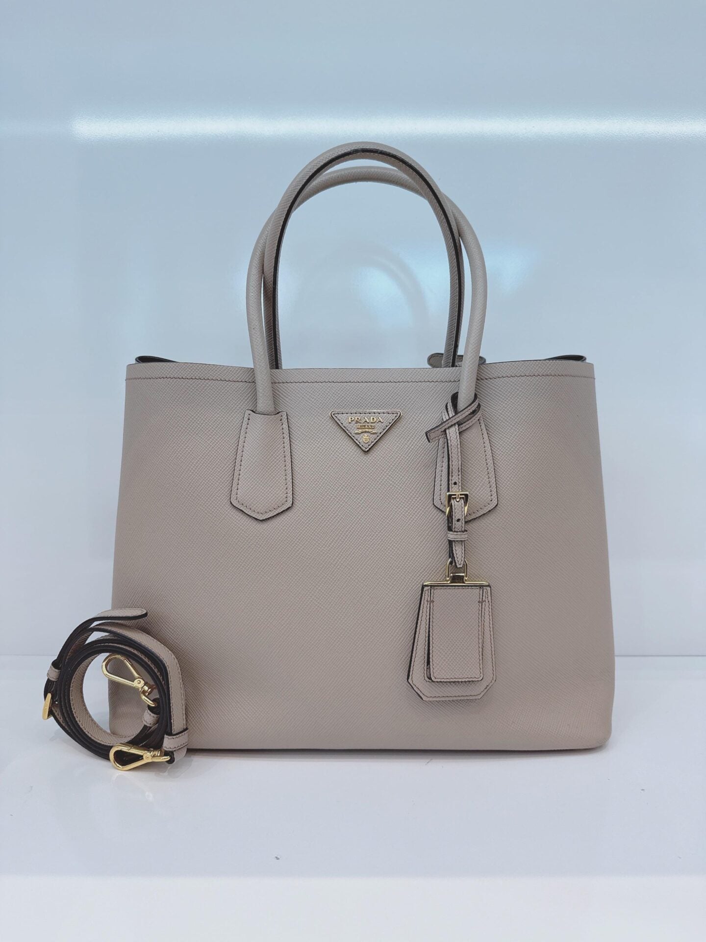 LIGHT GRAY DOUBLE SAFFIANO LEATHER TOTE BAG