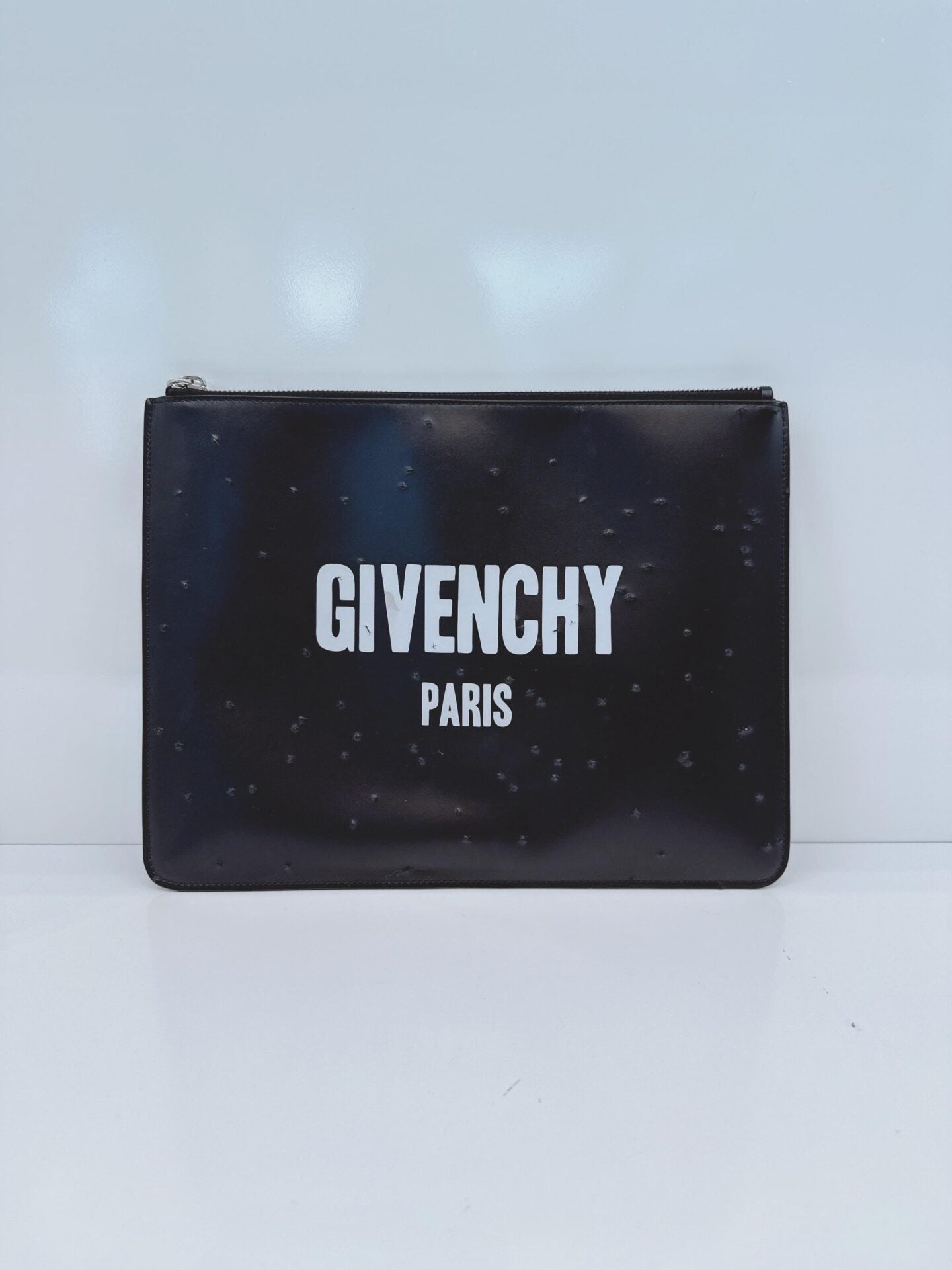 BLACK LOGO LEATHER DISTRESSED LOGO ZIP POUCH