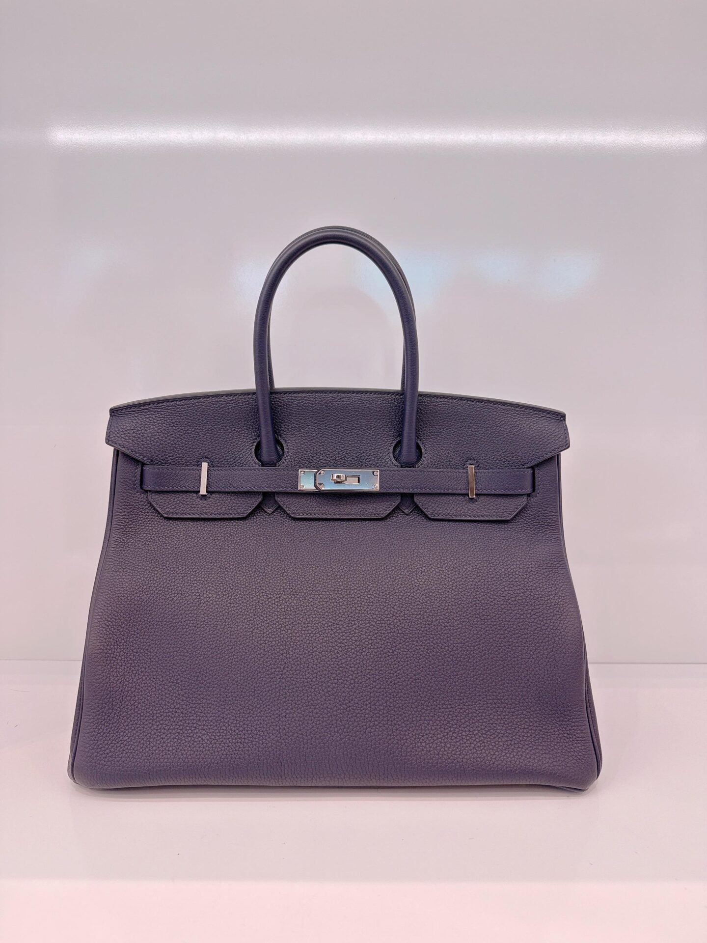BIRKIN 35 BLEU NUIT/ORANGE POPPY TOGO LEATHER PALLADIUM HARDWARE