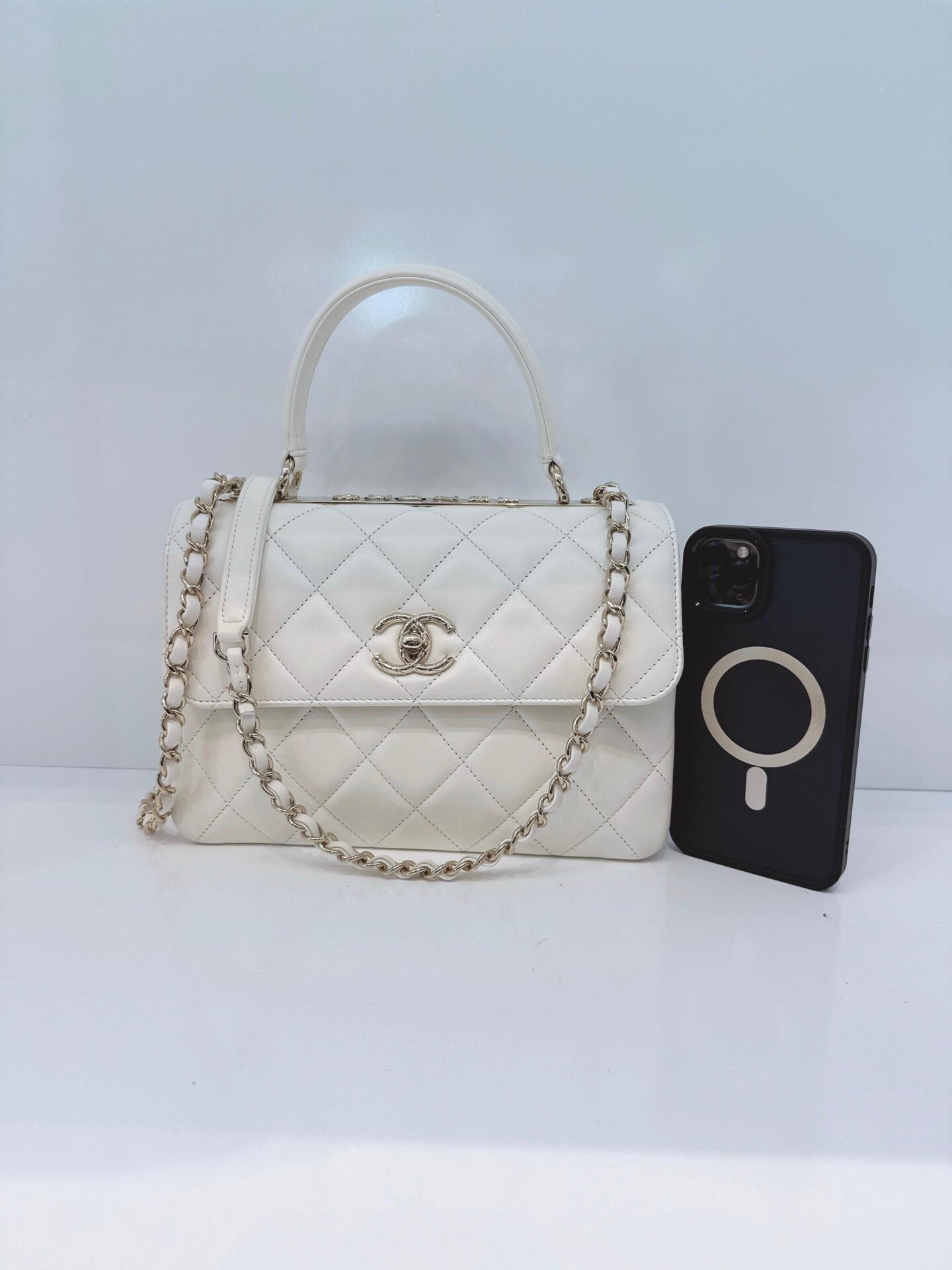 WHITE LAMBSKIN LEATHER SMALL TRENDY CC TOP HANDLE BAG