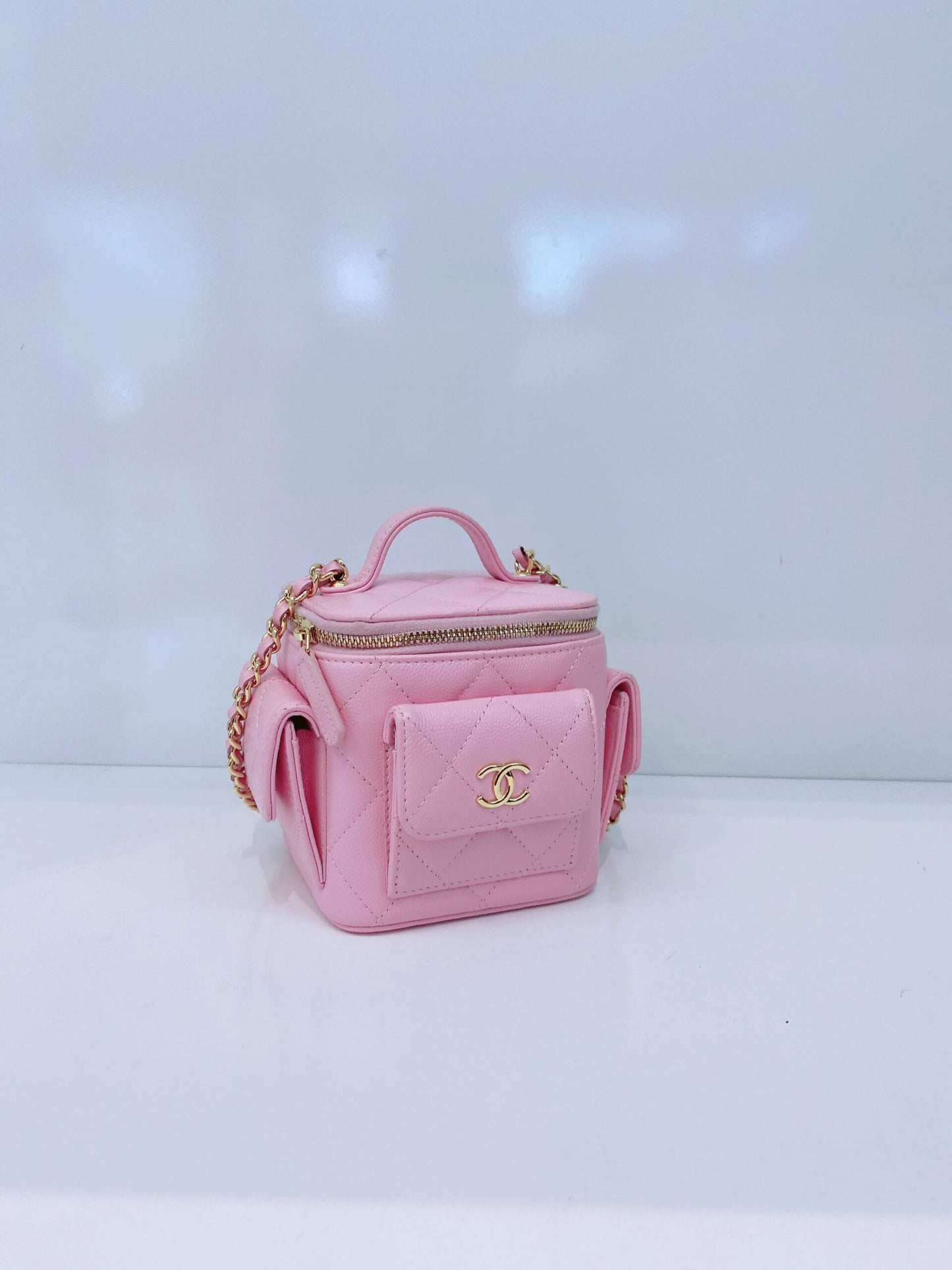 PINK QUILTED CAVIAR LEATHER MINI POLLY POCKET VANITY GOLD HARDWARE