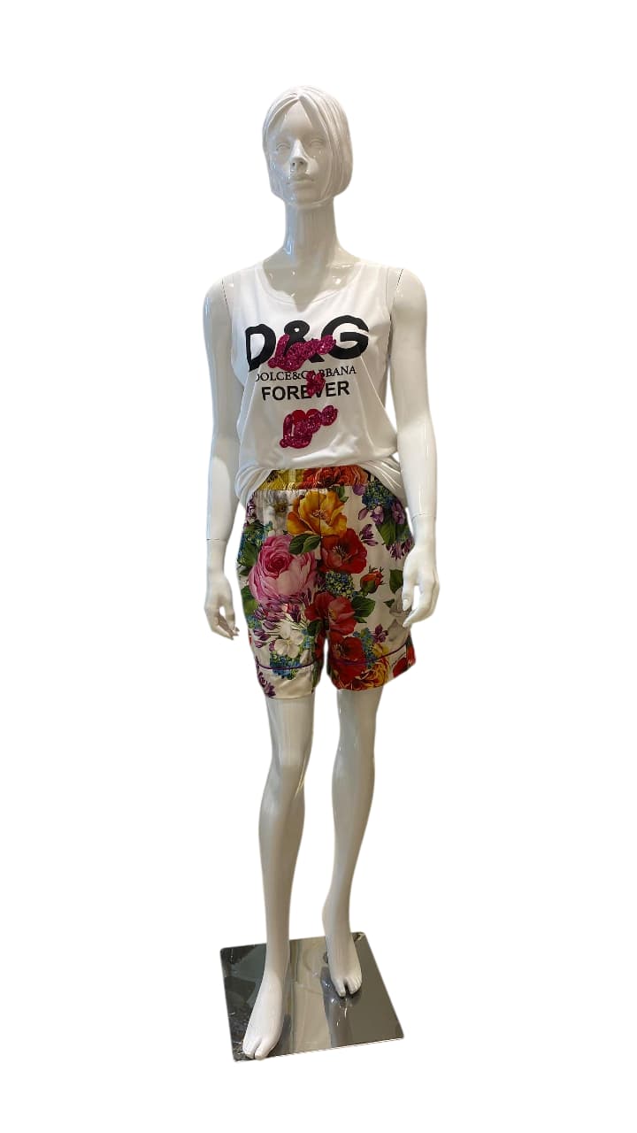 WHITE FOREVER LOVE TANK TOP 40 AND MULTICOLOR FLORAL PRINT SILK JAMS SHORTS 38