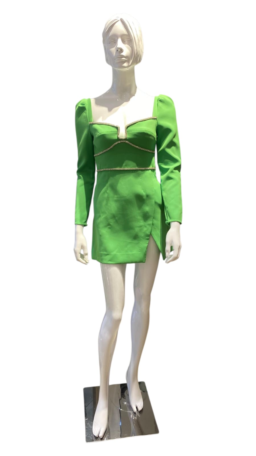 GREEN CREPE RHINESTONE DETAIL MINI DRESS