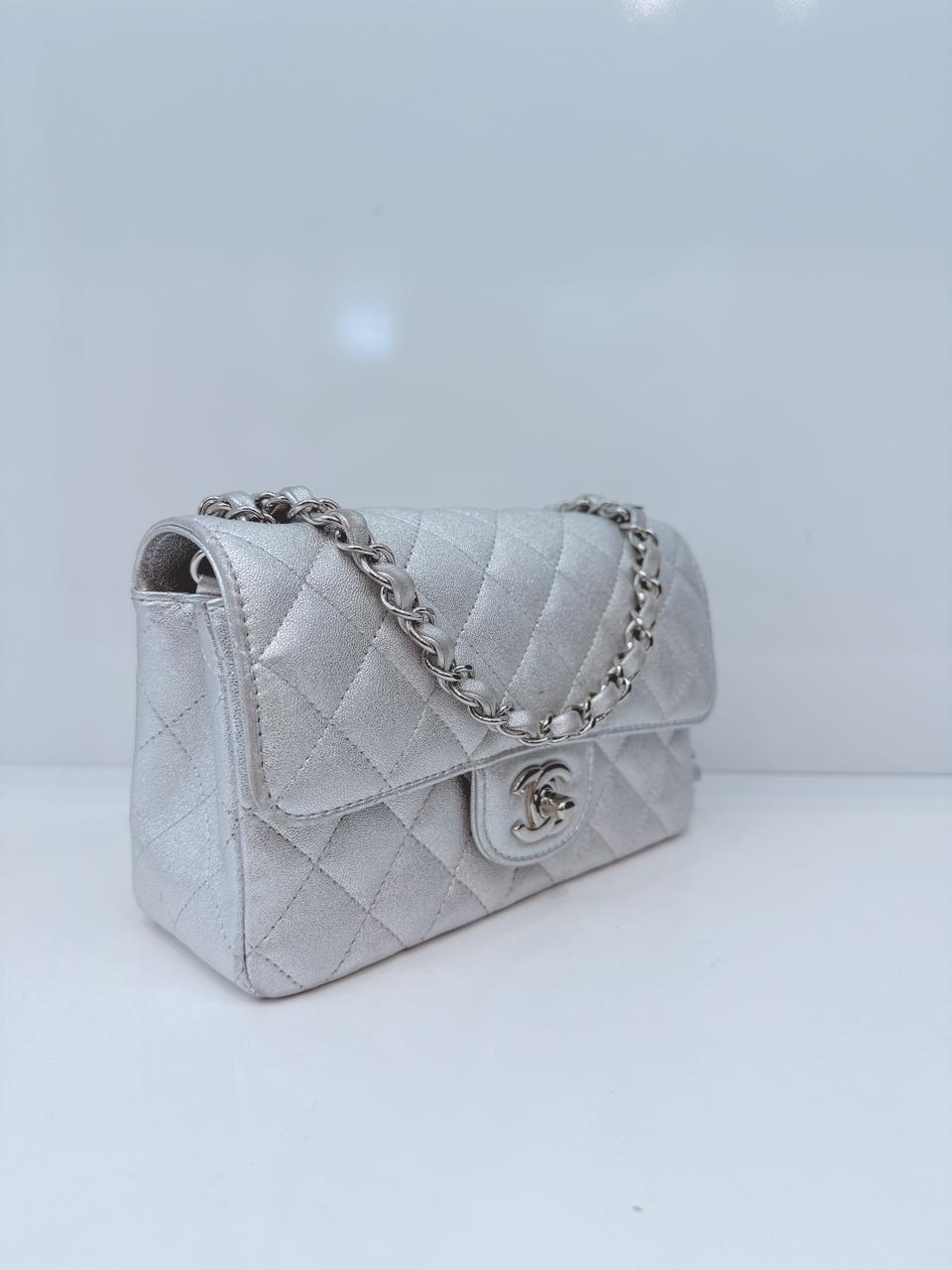 SILVER METALLIC CALFSKIN QUILTED LEATHER RECTANGULAR MINI CLASSIC FLAP BAG