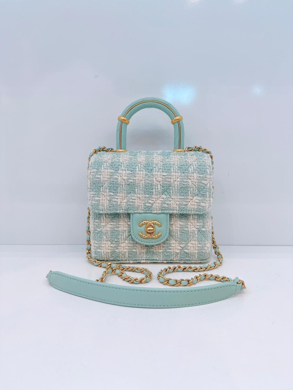 MINI SQUARE FLAP WITH TOP HANDLE - LAMB TIFFANY BLUE ECRU TWEED GOLD HARDWARE