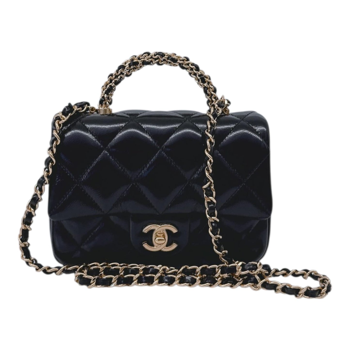 BLACK SHINY LAMBSKIN LEATHER MINI FLAP BAG WITH TOP HANDLE