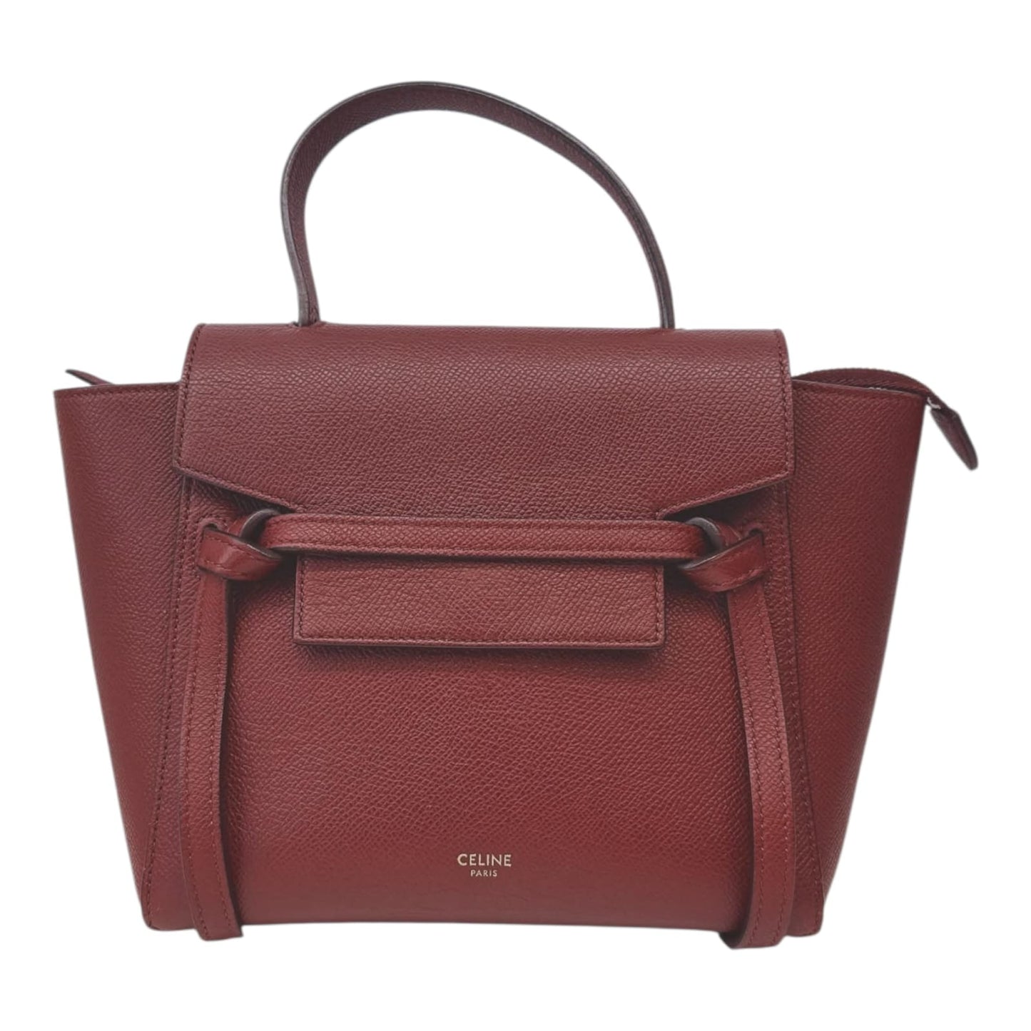BURGUNDY LEATHER NANO BELT TOP HANDLE BAG