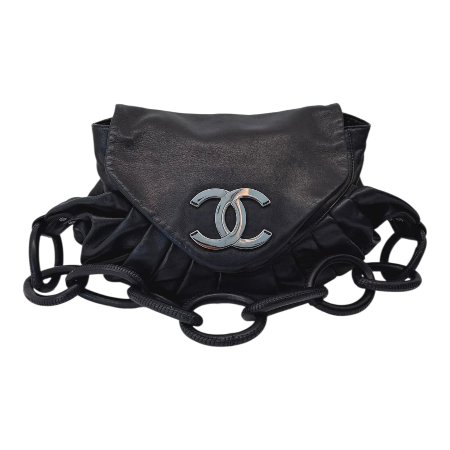 BLACK PLEATED RINGS CC FLAP SHOULDE BAG