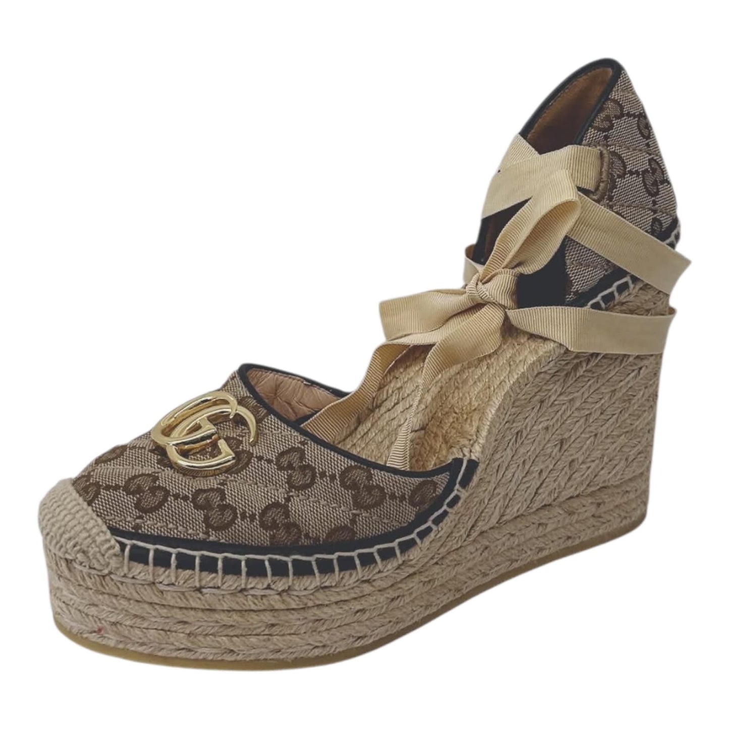 BROWN BEIGE GG CANVAS PILAR ANKLE TIE ESPADRILLE WEDGE PUMPS 40