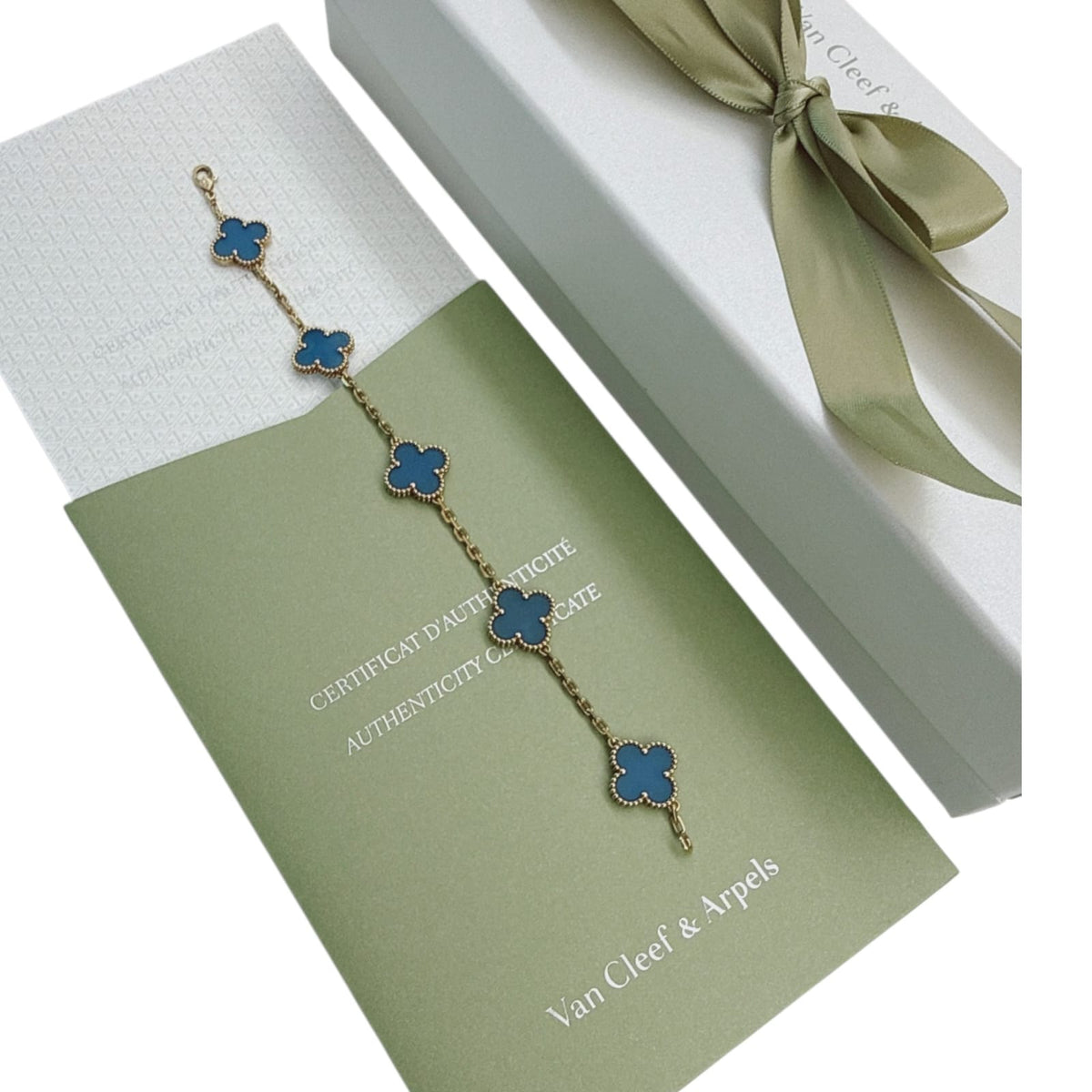18K GOLD BLUE AGATE VINTAGE ALHAMBRA 5 MOTIF BRACELET