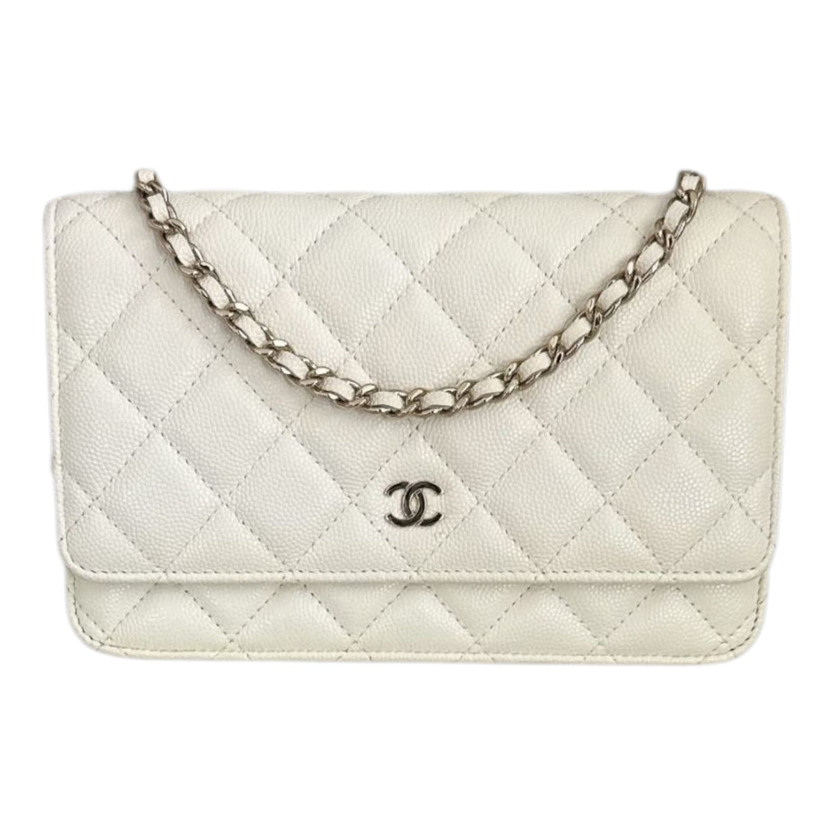 WHITE CAVIAR LEATHER WALLET ON CHAIN LIGHT GOLD HARDWARE