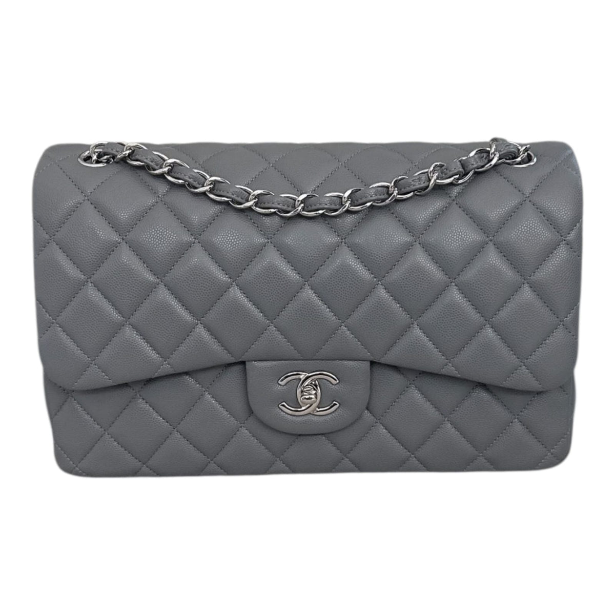 GREY CAVIAR LEATHER LARGE CLASSIC DOUBLE FLAP HANDBAG