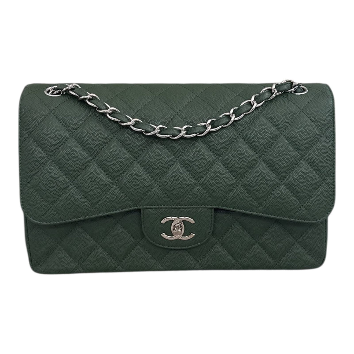GREEN CAVIAR LEATHER LARGE CLASSIC DOUBLE FLAP HANDBAG