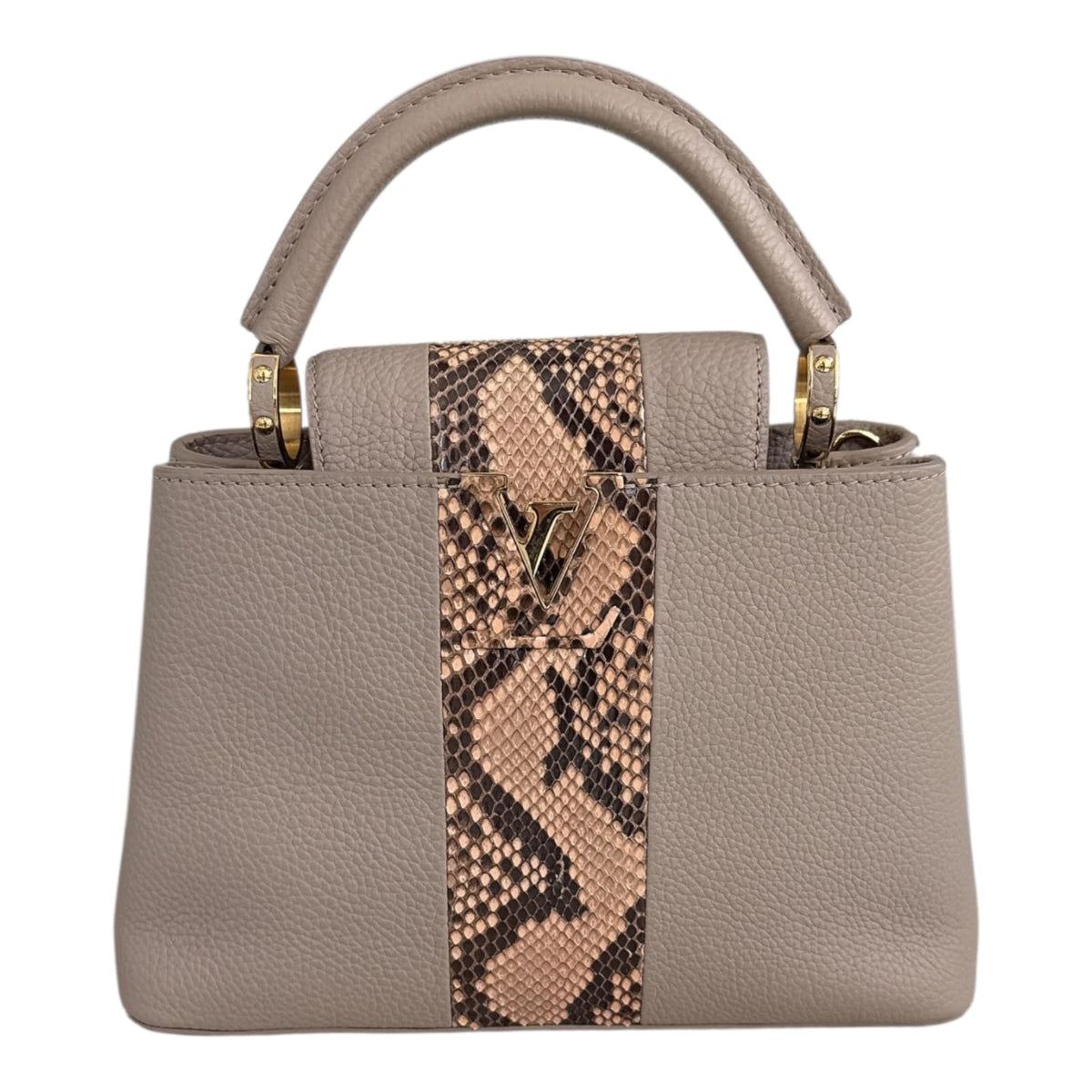BEIGE LEATHER AND PYTHON SKIN CAPUCINES BB TOP HANDLE BAG