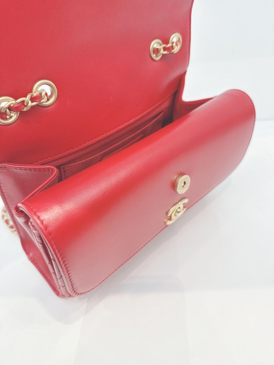 RED QUILTED CALFSKIN LEATHER TRIPLE FLAP BAG