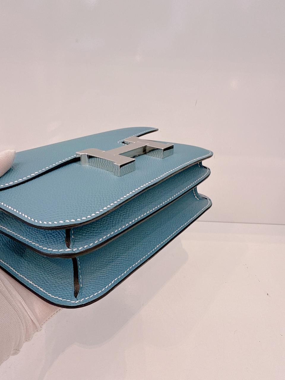 SAC CONSTANCE MINI 18 MIRROR VEAU EPSOM LEATHER BLEU JEAN PALLADIUM HARDWARE