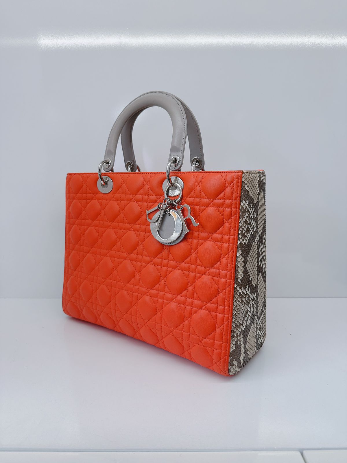 ORANGE BEIGE PYTHON AND CANNAGE LEATHER LARGE LADY DIOR BAG