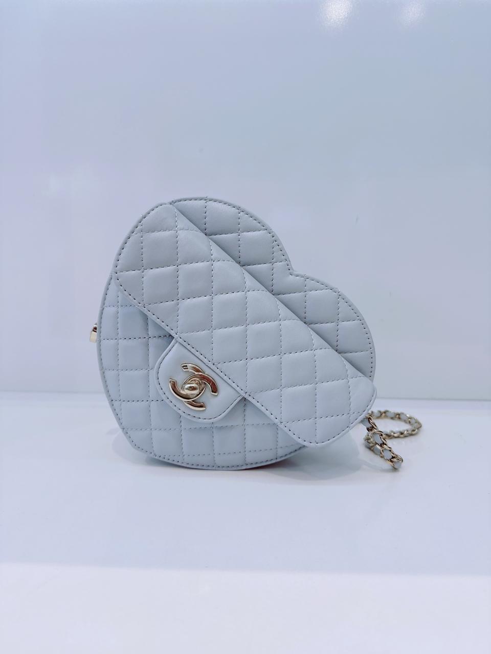 LIGHT PASTEL BLUE QUILTED LAMBSKIN LEATHER LARGE HEART BAG