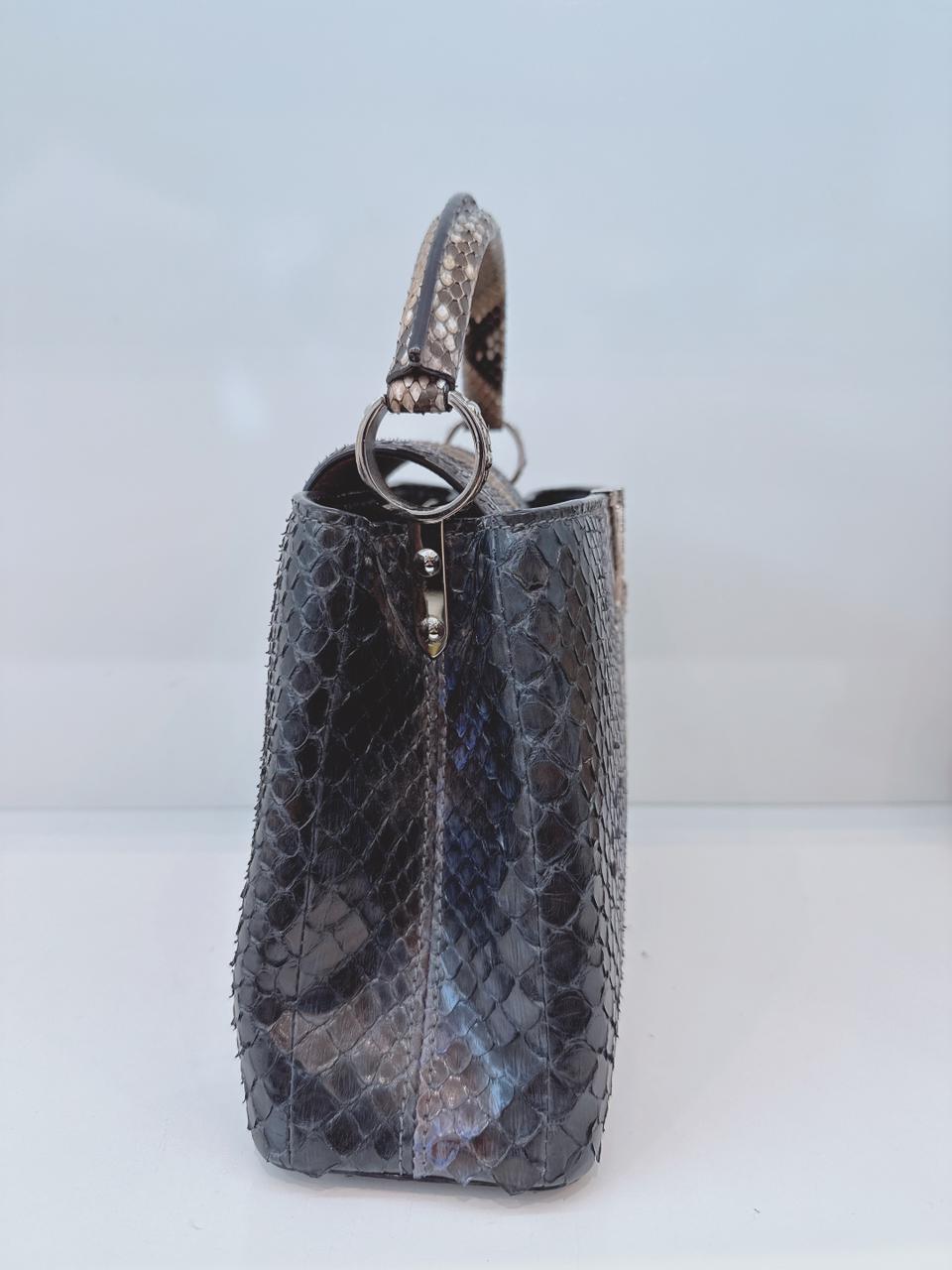 NAVY BLUE AND BEIGE PYTHON LEATHER CAPUCINES BB HANDBAG