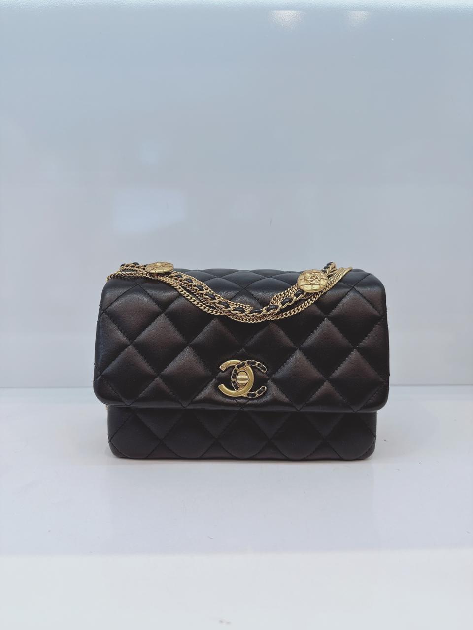 BLACK LAMBSKIN LEATHER MINI MEDALLION MULTI CHAIN FLAP BAG