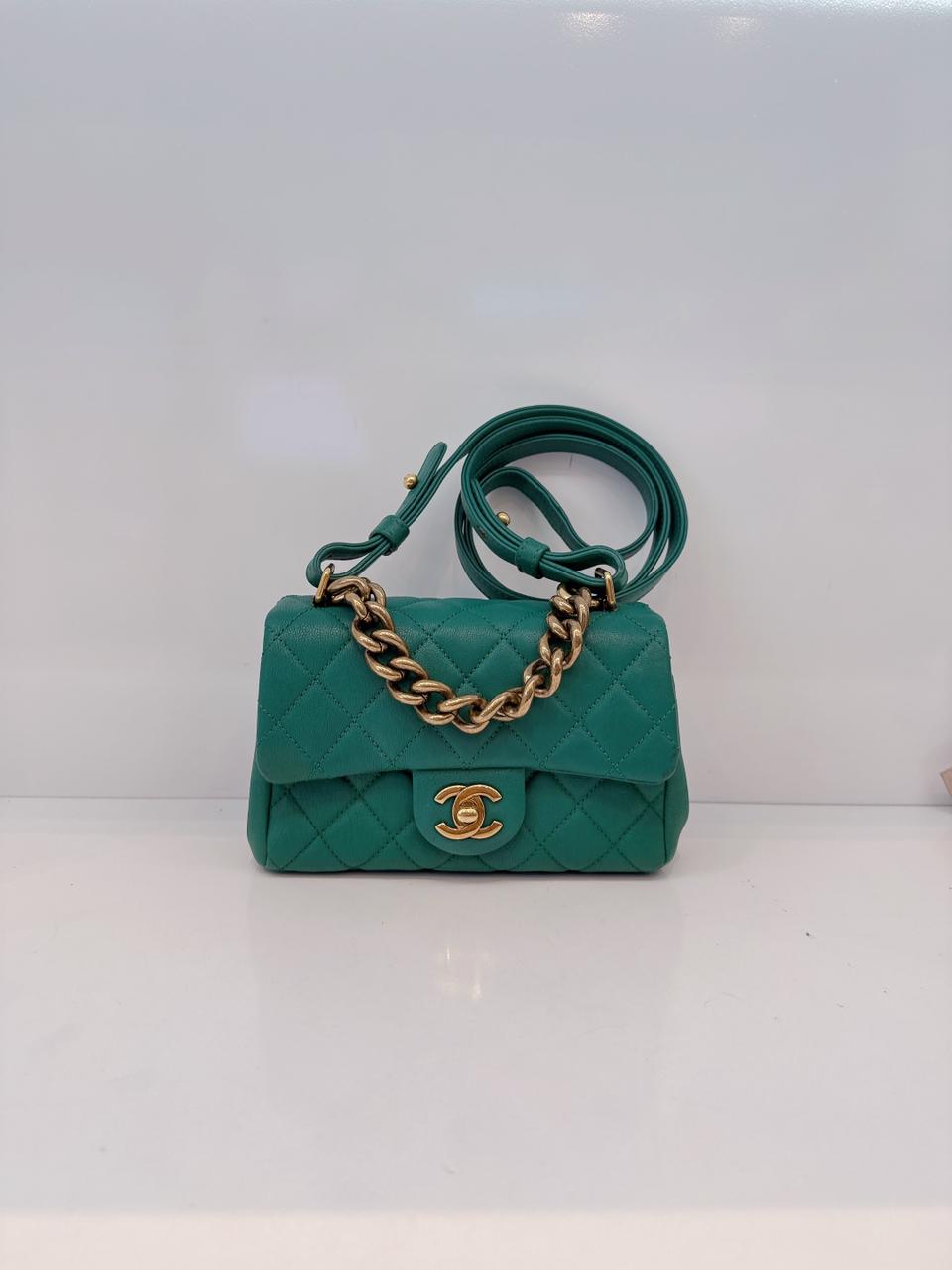 GREEN GOATSKIN TRAPEZIO TOP HANDLE MINI FLAP BAG AGED GOLD HARDWARE