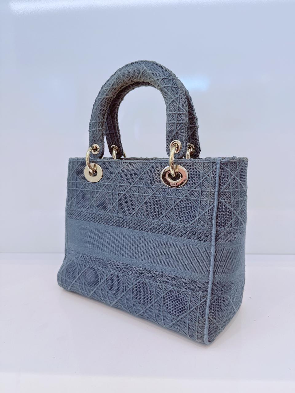 DIOR BLUE CANNAGE EMBROIDERED CANVAS MEDIUM LADY D-LITE CANVAS TOTE
