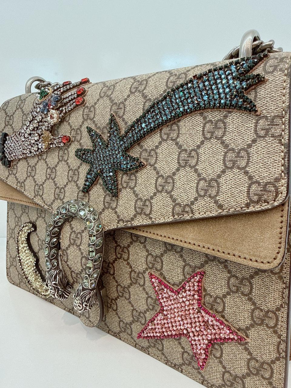 BEIGE BROWN GG SUPREME CANVAS AND SUEDE MEDIUM DIONYSUS EMBELLISHED SHOULDER BAG