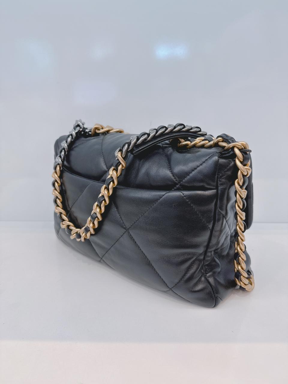 BLACK SHINY LAMBSKIN QUILTED CHANEL 19 LARGE FLAP BAG