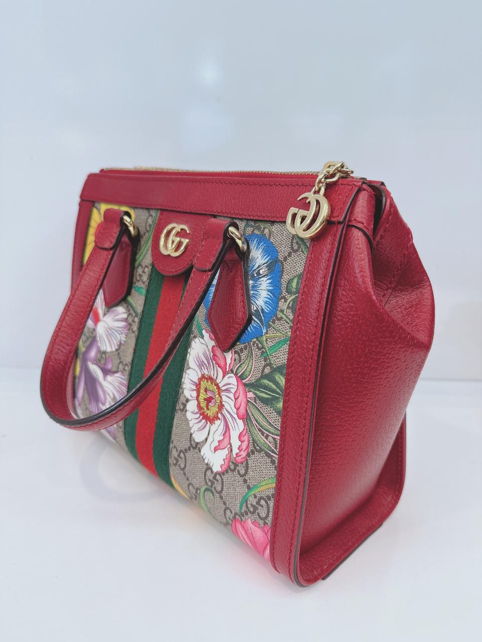 GG SUPREME CANVAS RED MULTICOLOR WEB SMALL OPHIDIA TOTE BAG