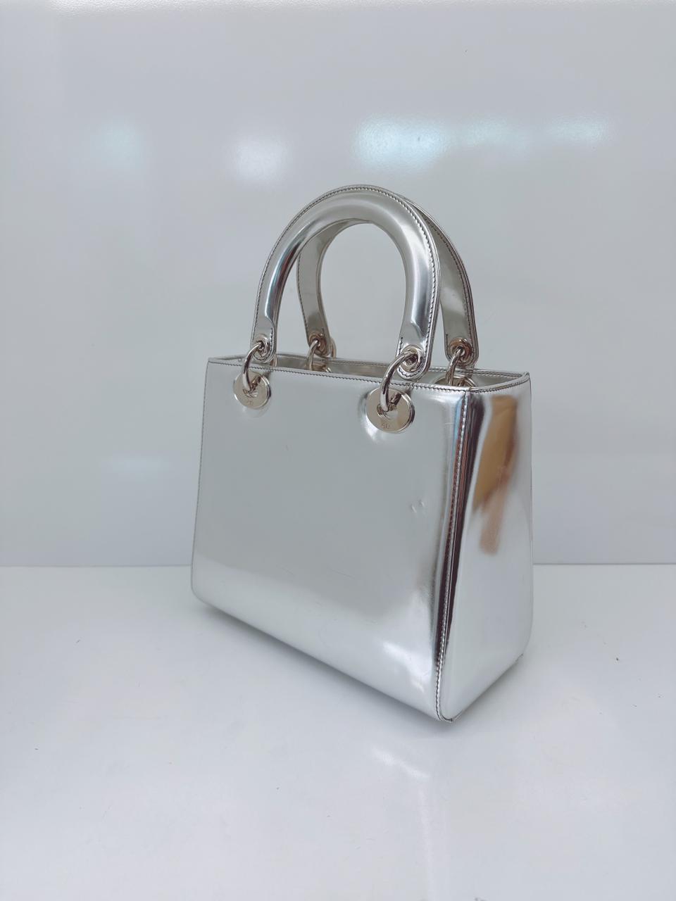 SILVER PATENT LEATHER MEDIUM LADY DIOR BAG