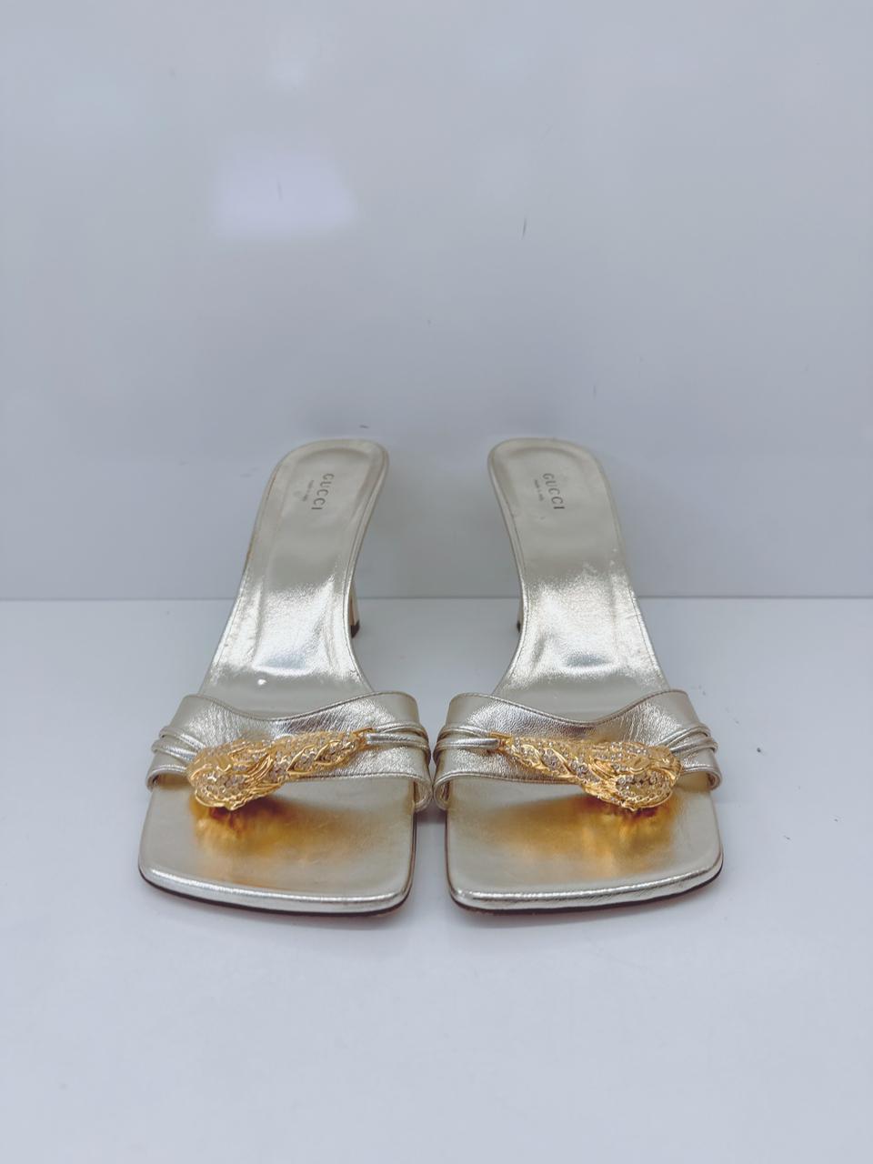 GOLD LEATHER DORA OPEN TOE SLIDE SANDALS 40.5